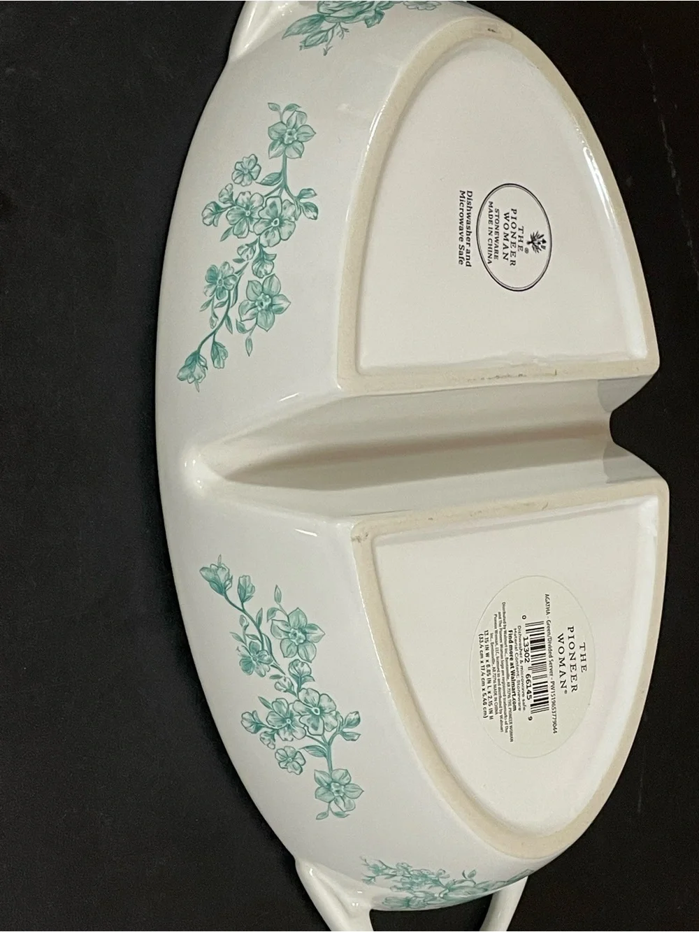 The Pioneer Woman White Ceramic Divided Serving Dish with Green Floral Pattern